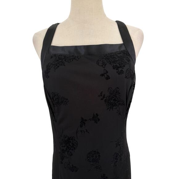 Vtg 90s CDC Black Flocked‎ Velvet Dress Floral Glitter Gown Crisscross 8 Goth - Picture 2 of 7